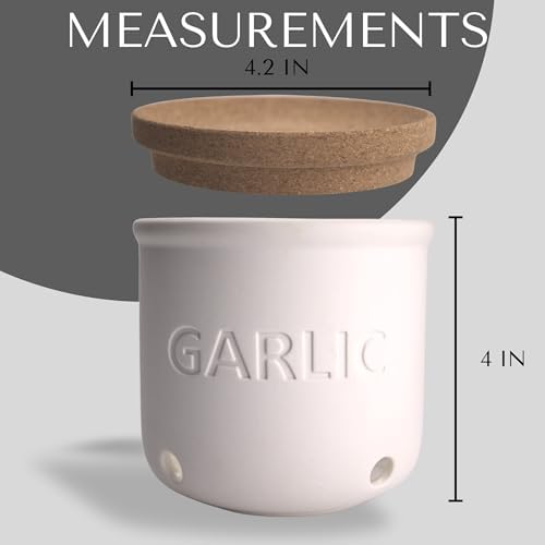 Okavango Garlic Keeper - White Ceramic Container with cork lid - Garlic Storage - Garlic Holder Countertop - Garlic Jar -Saver - Bowl - Garlic Cellar (White, 16oz)