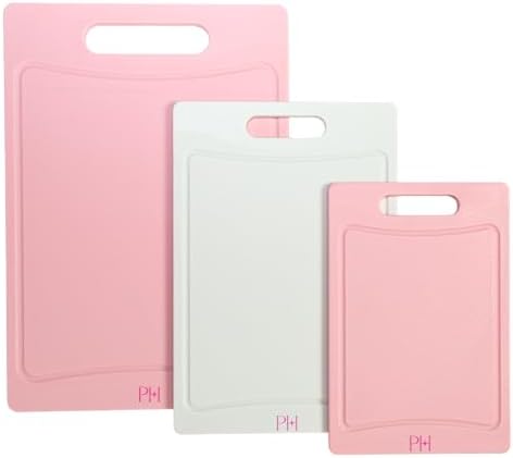 Paris Hilton Cutting Boards for Kitchen, Reversible Dual Sided Plastic Cutting Board Set with Juice Grooves, Easy Grip Handle, Heavy Duty and Made Without BPA, Dishwasher Safe, 3-Piece, Pink and Cream