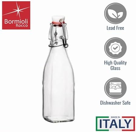 Bormioli Rocco Swing Top Glass Bottle (Set of 4) - 8.5 oz Reusable Container with Secure Metal Clasp, Ideal for Homemade Juices, Oil Infusions, Condiments, Mixers - Everyday Drinking Glasses