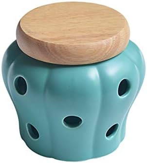 Sizikato Blue Matte Ceramic Garlic Keeper Ginger Holder with Bamboo Lid.