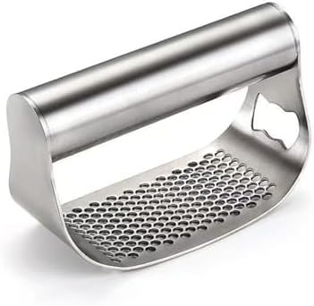 Garlic Press Rocker, Crusher Grinder Masher Bottle opener, Portable Manual Stainless Steel Wide Handle Garlic Crusher with Peeler(Style2-Silver)
