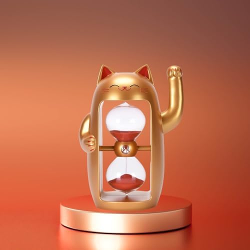 Lucky Cat Sand Timer Cute Hourglass Maneki-Neko Sandglass Timer reloj de Arena 15Min Sand Clock for Toothbrush Games Classroom Home Office Cooking Front Desk（Gold+15Min）