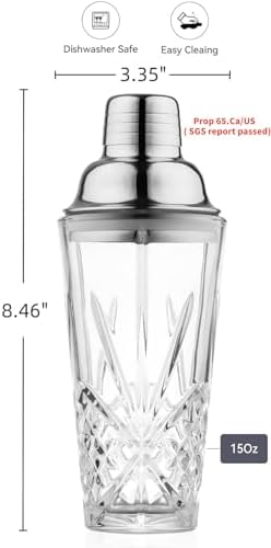 Glass Cocktail Shaker, 15oz Cutting Design - Exquisite Martini Shaker for Elevated Mixology. Perfect for Christmas, Hoiday, BBQ,Outdoor Party,Spring, Summer (Drink Shaker & Gold Pourer)