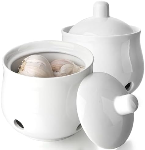 Ceramic Garlic Keeper with Lid, Garlic Keeper for Counter,Garlic Holder Storage Container, Garlic Saver for Kitchen