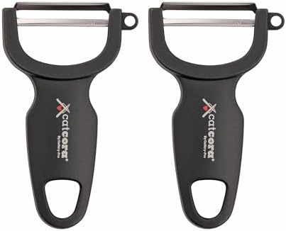 CatCora Swiss-Style Peeler, Professional German Tempered Stainless Steel Blade For Peeling Fruits and Vegetables and Garnishing, Ergonomic Contoured Handle, Black, Set of 2