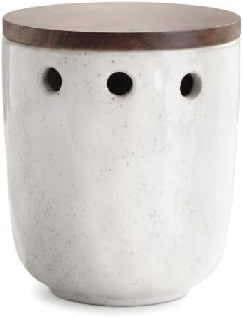 Garlic Keeper with Wood Lid, Ceramic Garlic Saver, Large Garlic Holder
