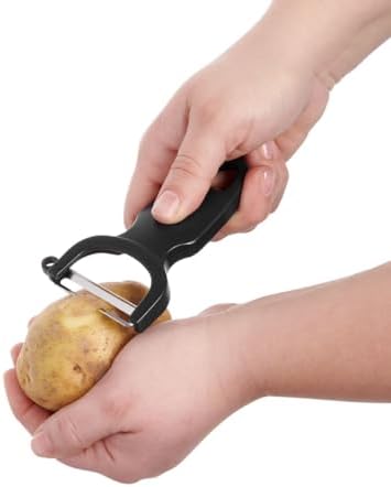 CatCora Swiss-Style Peeler, Professional German Tempered Stainless Steel Blade For Peeling Fruits and Vegetables and Garnishing, Ergonomic Contoured Handle, Black