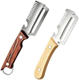 3-in-1 Vegetable Peeler Julienne Slicer with Bottle Opener, Stainless Steel Kitchen Tool with Natural Wood Handle for Fruit Vegetable Meal Prep (Brown and Wood)