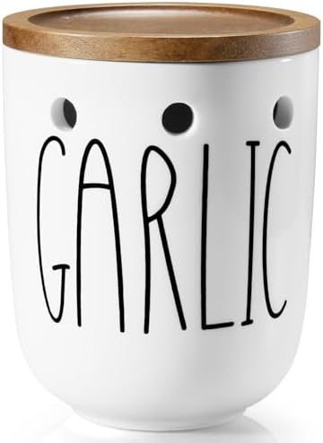 Ceramic Garlic Keeper for Counter, Large Garlic Holder with Acacia Wood Lid, Farmhouse Garlic Storage Container, Garlic Saver for Kitchen, White