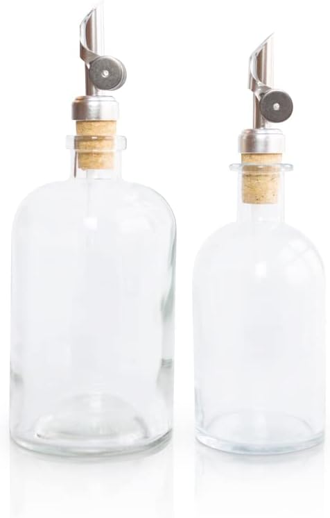 Rail19 Small Clear Glass Mouthwash Dispenser with Metal Pour Spout | Cooking Oil and Vinegar Dispenser - Perfect for The Bathroom, Kitchen and Tabletop, 8oz (Silver)
