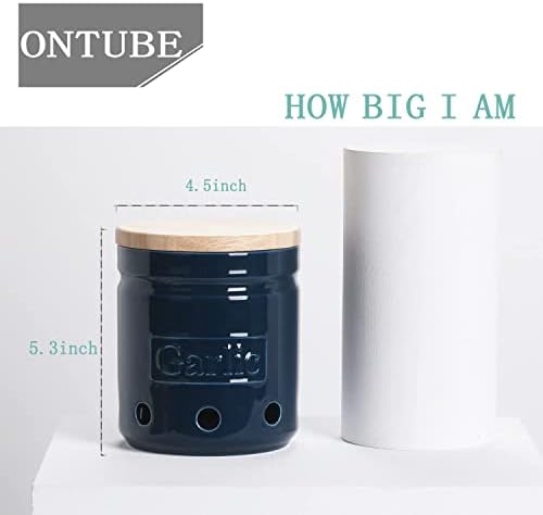ONTUBE Garlic Keeper with Wooden Lid, 4.5-Inch Ceramic Garlic Holder 24oz (Navy)