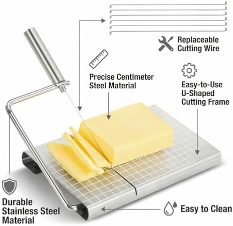 Versatile Stainless Steel Cheese Slicer with 6 Replacement Wires & Cutting Board Metal Cheese Cutter for Block Cheese Slices (Silver)