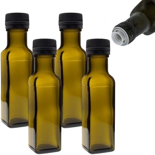 mikken 4 x Oil Bottles 100 ml with Spout Green/Brown Glass Bottles Oil Dispenser with Labels