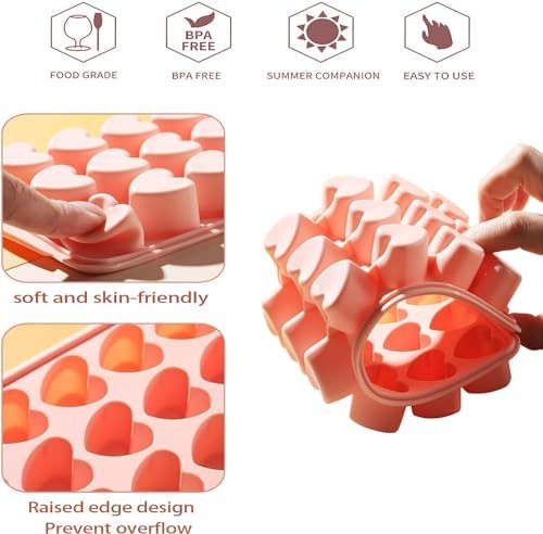Heart-Shaped Ice Cube Trays With Lid and Bin- 24 Holes Silicone Fun Ice Cube Tray, BPA Free and Dishwasher Safe, Mini Cute Shape Ice Cube Mold, Easy to Remove With Lid (Pink)