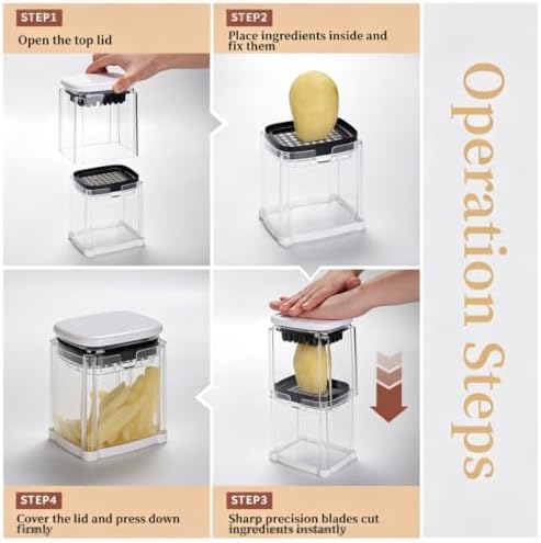 Multifunctional Vegetable Chopper Bowl, Potato French Fry Cutter with 2 Interchangeable Blades & Container, Food Chopper for Cucumber, Tomato, Carrot & Onion
