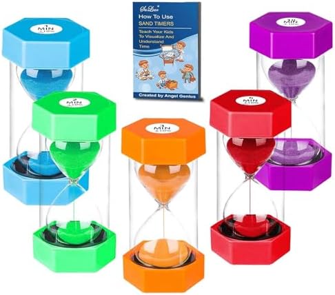SuLiao Sand Timers 1m/2m/3m/5m/10 Minute,Plastic Hourglass Sand Timer for Kids,Colorful Large Hour Glass Clock,Visual Sandglass Set for Classroom Games Kitchen Office Desk(Pack of 5)