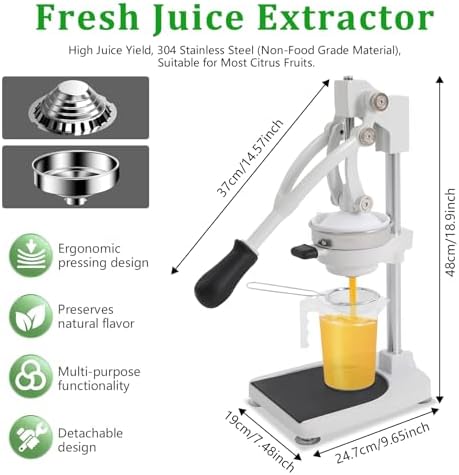 Cast Iron Juicer 304 Stainless Steel Citrus Press & Lemon Squeezer Fresh Fruit Juice Extractor Manual Juicers for Orange Grapefruit Lemon Lime Pomegranate and Much More,Easy to Clean and Use