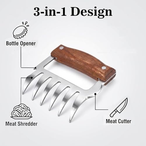 Meat Shredder Claws Set of 2 – Heavy Duty Stainless Steel with Wood Handle for Pulled Pork, Chicken & Brisket, BBQ Bear Claws with Cutting Edge & Bottle Opener – Dishwasher Safe, Ergonomic Grip