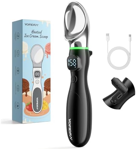 Yofidra Heated Ice Cream Scoop 4000 mAh, Ergonomic Design with Physical On/Off Switch, LED Battery Indicator & Screen Display, IP67 Waterproof for Easy Clean, Stand Design for Hygienic (Black)