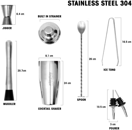 Interplay Concepts Cocktail Shaker Set, 8Pcs Stainless Steel Barware-Tool, Includes Jigger, Bar Spoon, Bottle Pourers, Tong, Strainer, 750ml Boston Shaker