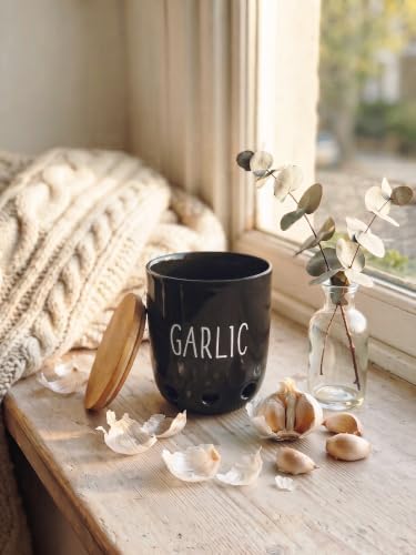 Ceramic Garlic Saver Container with Wood Lid (Black)
