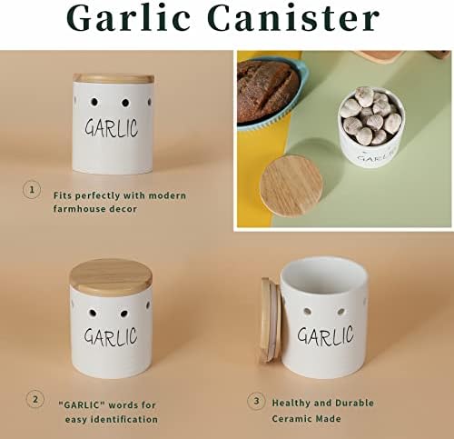 Ceramic Garlic Keeper with Wood Lid, Garlic Container for Counter Easy to Clean,Garlic Saver to Keep Your Garlic Cloves Fresh Longer,Farmhouse Garlic Holder Storage Container, 4.5 inch (White)