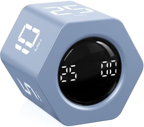 Rotating Productivity Timer 5, 25, 10 30,60 Mins Preset Stopwatch, Desk Flip ProductivityTimer, ADHD Tool Hexagon, Vibration/Mute/Alarm, for Work, Study, Back to School, Kitchen, Blue