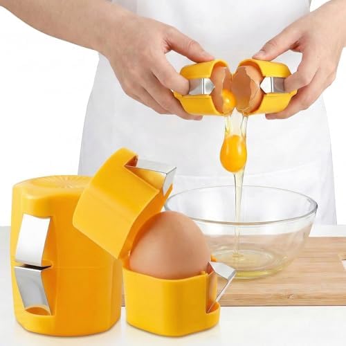 Handheld Egg Shell Opener and Egg Cracker Tool for Raw Eggs, Stainless Steel Egg Opener Cutter, Easy Egg Peeler for Hard Boiled Eggs, Kitchen Gadgets Shell Separator (2pcs Yellow)