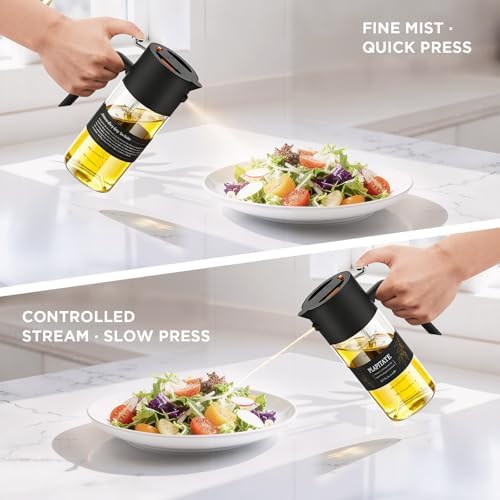 PLAPITATE 2Pcs 17oz Premium Olive Oil Sprayer for Cooking, 2 in 1 Glass Olive Oil Dispenser Bottle for Kitchen Gadgets, Spray Bottle with Portion Control for Salad, Frying, BBQ (Black & Blue)