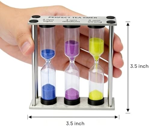Lily's Home 3.5" Tall 3-in-1 Perfect Tea Timer, Includes 2, 4, and 6 Minute Sand Hourglass Timers, Use for Making Tea or Keeping Time Around The Kitchen, Brushed Stainless Steel Frame, Rectangular