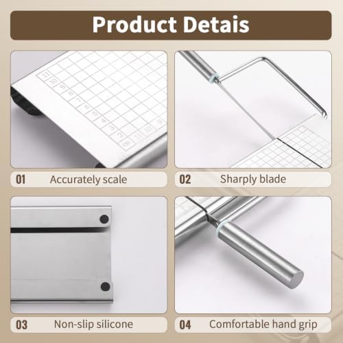 Cheese Slicer, Multipurpose Stainless Steel Cheese Cutter, Professional Upgrade with Sharp Blade & Engraved Measuring Scale Board for Block Cheese, Butter, Ham, Sausages Baking Gadget