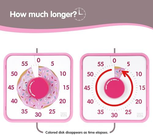TWENTY5 SEVEN Countdown Timer 7.5 inch, 60 Minute 1 Hour Visual Timer for Classroom Teaching Tool Office Meeting, Mechanical Countdown Clock for Kids Exam Time Management Magnetic, Pink Donut