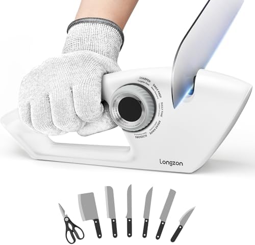 Longzon 6-in-1 Knife Sharpener 5 Stage with Cut-Resistant Glove,White+Gray