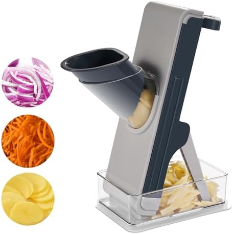 FEICO Safe Mandoline Slicer for Kitchen, Vegetable Slicer with Container, French Fry Cutter, All in 1 Julienne Slicer for Potato, Thickness Adjustable, Detachable Blade, Dishwasher Safe,blue