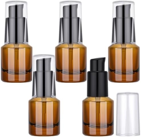 Segbeauty 0.5oz Empty Glass Refillable Travel Bottles, 5pcs Lotion Pump Bottle Dispenser, 15ml Amber Mini Empty Travel Size Bottles for Creams, Small Lotion Dispenser with Pump Liquid Container