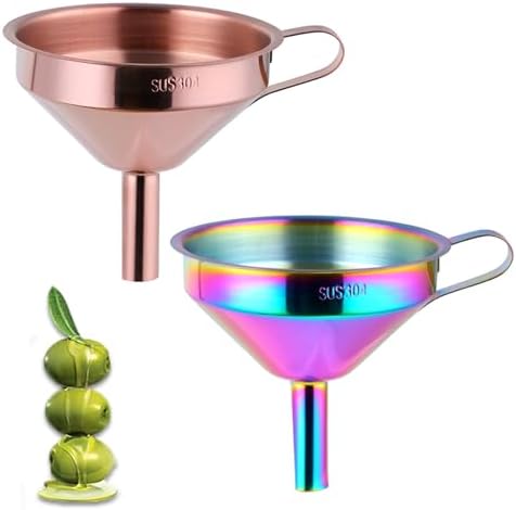 DOCBLACK Stainless Steel Funnel Set of 2, Stainless Steel Funnel with Removable Strainer and Handle, Food Grade Metal Kitchen Funnel for Fluid, Liquid, Oil, Powder Filling Bottles (RoseGold & Rainbow)