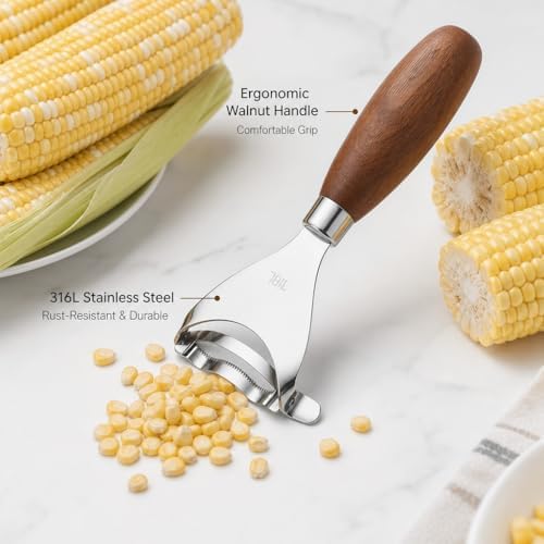 Phmnkl Corn Kernel Remover, 1-Second Stainless Steel Corn Stripper with Walnut Handle, Dishwasher Safe Kitchen Tool for Salad Salsa Popcorn, BBQ Prep Gadget, Farmhouse Kitchen Gift