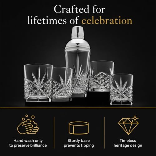 Godinger Martini Shaker Cocktail Shaker with 4 Old Fashioned Whiskey Glasses Barware Set, Dublin Dollection