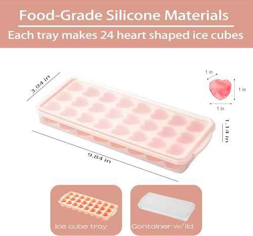 2 Pack Heart-Shaped Ice Cube Trays with lid and bin - 48 Holes Silicone Mini Heart Ice Cube Tray, BPA Free and Dishwasher Safe, Heart Shape Ice Cube Mold, Easy to Remove (2 pink with Lids & Bins)