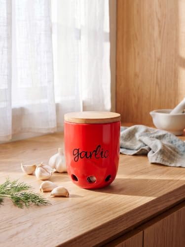 Ceramic Garlic Keeper for Counter with Wood Lid (Red)