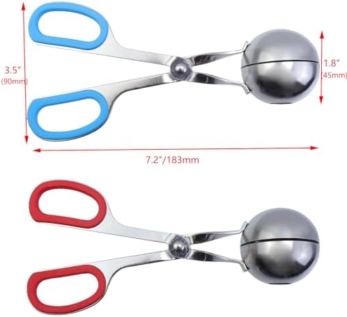 2 Pcs Meatball Maker Tongs None-Stick Meatball Maker Stainless Steel Meat Ballers Scoop Ball Maker Ice Tongs for Meat, Cake Pop, Ice Cream Scoop, Fruit, Cookie Dough, Melon -Red & Blue（L Size）