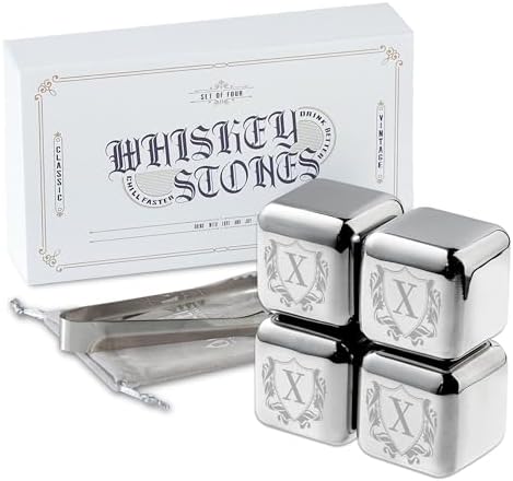 Whiskey Stones Gifts Set with Initial for Men & Women, 4pcs Stainless Steel Whiskey Rocks with Pouch and Tong, Chilling Ice Cubes Initial Gifts for Whiskey Lovers, Dad, Mom, Grandpa, Uncle - X