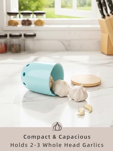 LEETOYI Ceramic Garlic Keeper for Counter, Garlic Holder with Wood Lid (Turquoise)