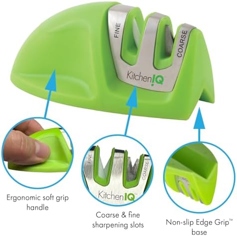 KitchenIQ 51422 | Edge Grip 2-Stage Knife Sharpener | Green – 3 Pack | Coarse & Fine Sharpener | Compact for Easy Storage | Stable Non-Slip Base | Soft Grip Rubber Handle | Straight & Serrated Knives