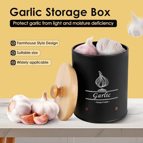 Garlic Keeper, Versatile Garlic Holder, Garlic Jar with Wood Lid, Ventilated Garlic Storage Container, Large Capacity Garlic Container for Kitchens (Style 1)