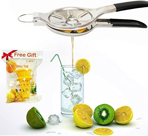 [Free Citrus Tap Gift] EcoJeannie Jumbo Size FLAT PRESS 100% Stainless Steel Lemon Squeezer for Pressing Lemon-half FLAT, Silicone Handle (LS0003S)