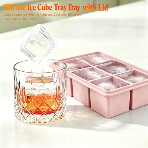 Ice Cube Tray,Ice Cube Trays for Freezer,2" Large Silicone Ice Tray with Lid for Whiskey-4 Pack Old Fashioned Ice Cube Trays for Cocktail,Huge Square Bourbon Ice Cube Maker