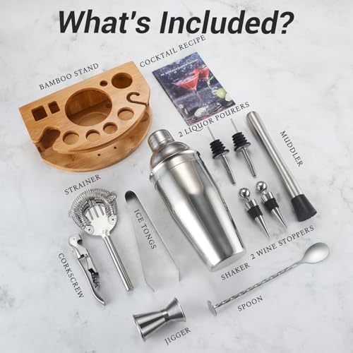Cocktail Shaker Set Bartender Kit with Stand, 12 Piece Drink Mixer Set with Stainless Steel Bar Accessories Tools: 25oz Martini Shaker Jigger Strainer Spoon Muddler for Cocktails (Silver)