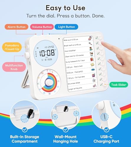 3-in-1 Visual Timer & ADHD Tool for Kids – ADHD Task Timer for Adults with Visual Schedule, Chore Chart & Planning Board for Home, School, Classroom, Work (White)