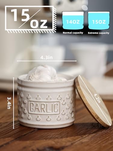 Ceramic Garlic Keeper with Lid, Garlic Holder 4.3-Inch (Vintage Whtie)